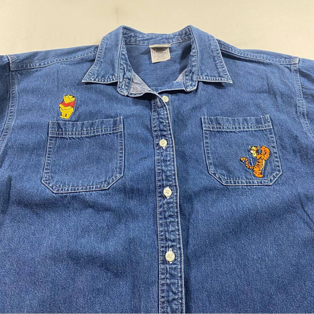 Disney Button Down Denim Shirt Top Embroidered Winnie Pooh Kanga Roo Casual - Picture 8 of 11